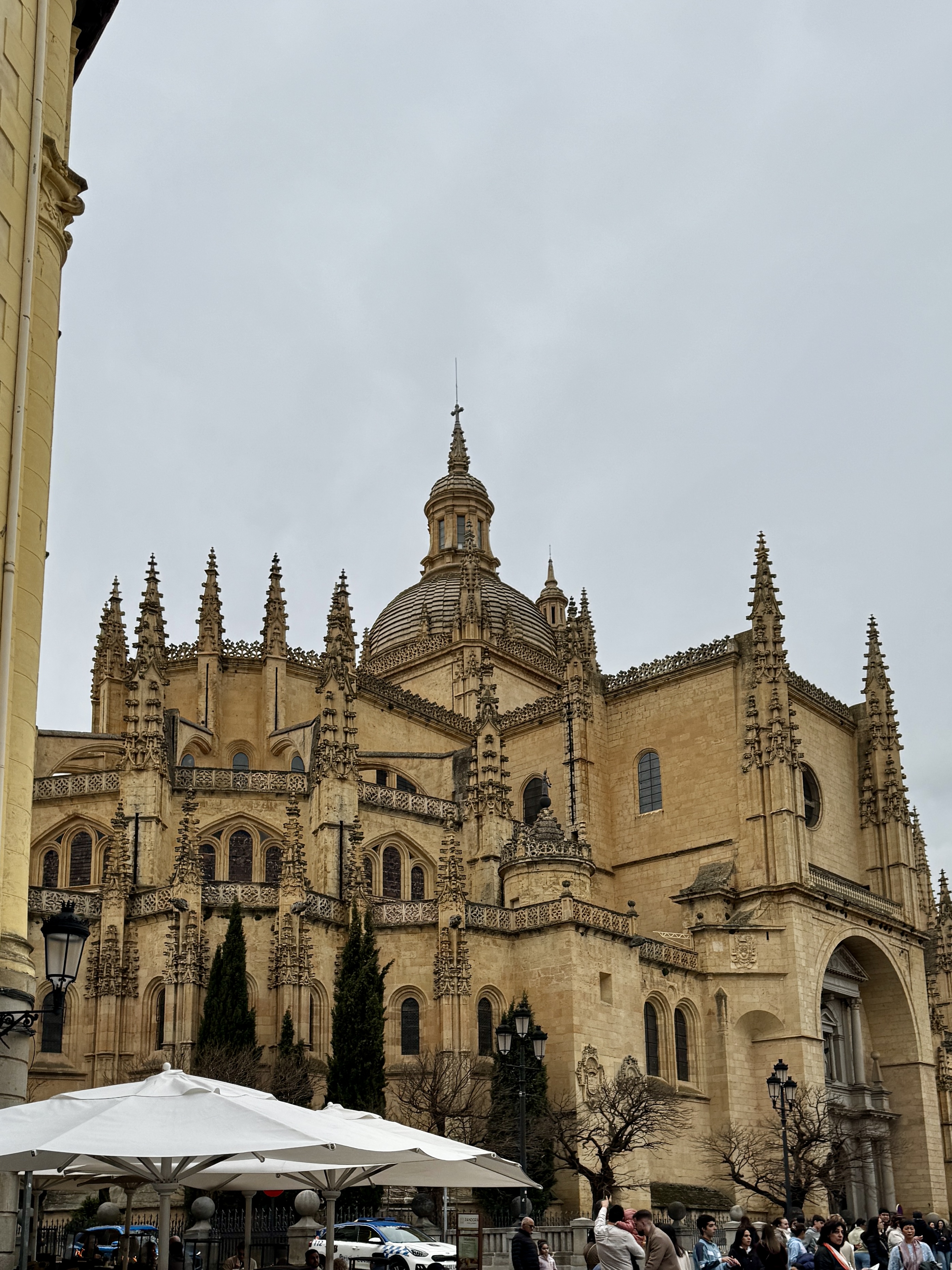 Detailed view of a cathedral's stained glass windows.
